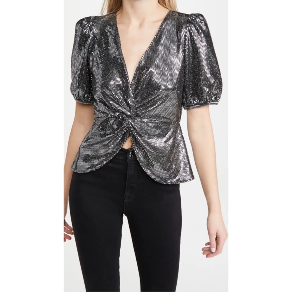 SAYLOR Metallic Silver Sequin Twist-Front Puff Sleeve Top